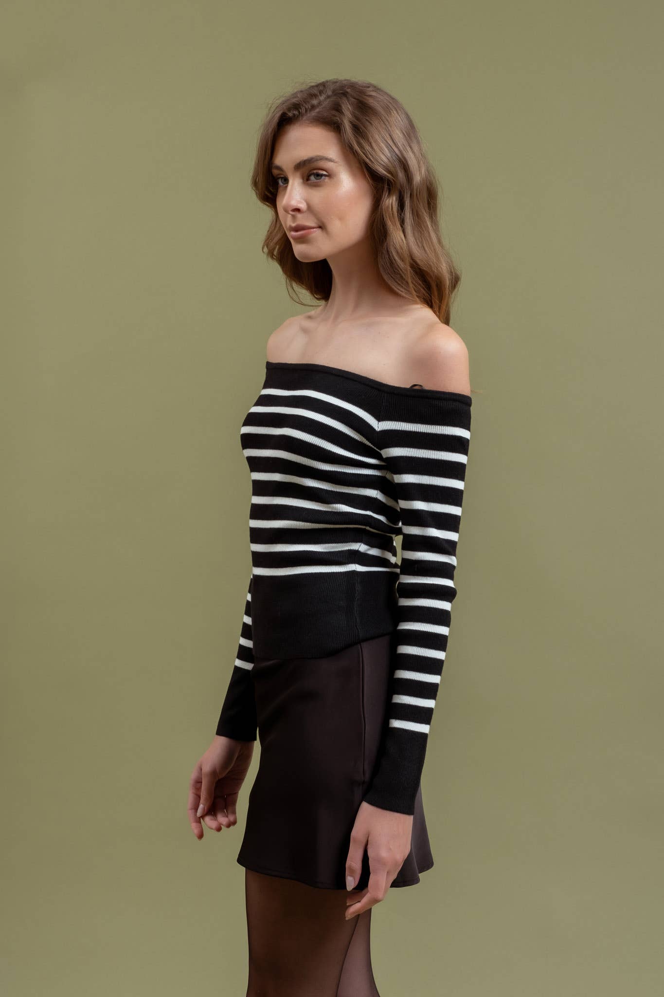 STRIPE OFF THE SHOULDER LONG SLEEVE KNIT SWEATER