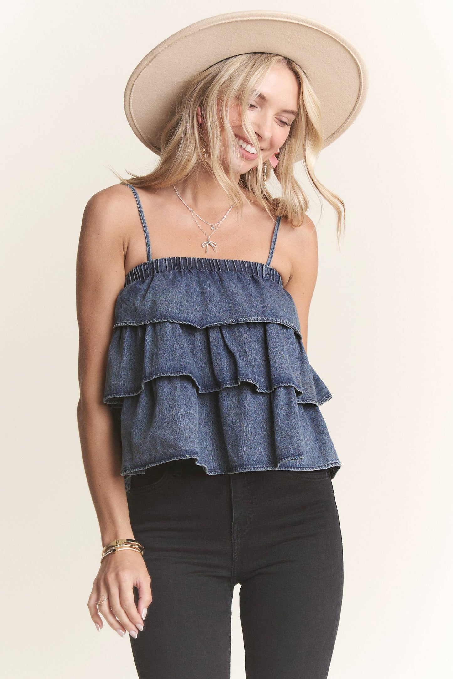 LET3696- WASHED DENIM LAYERED BABYDOLL TANK TOP