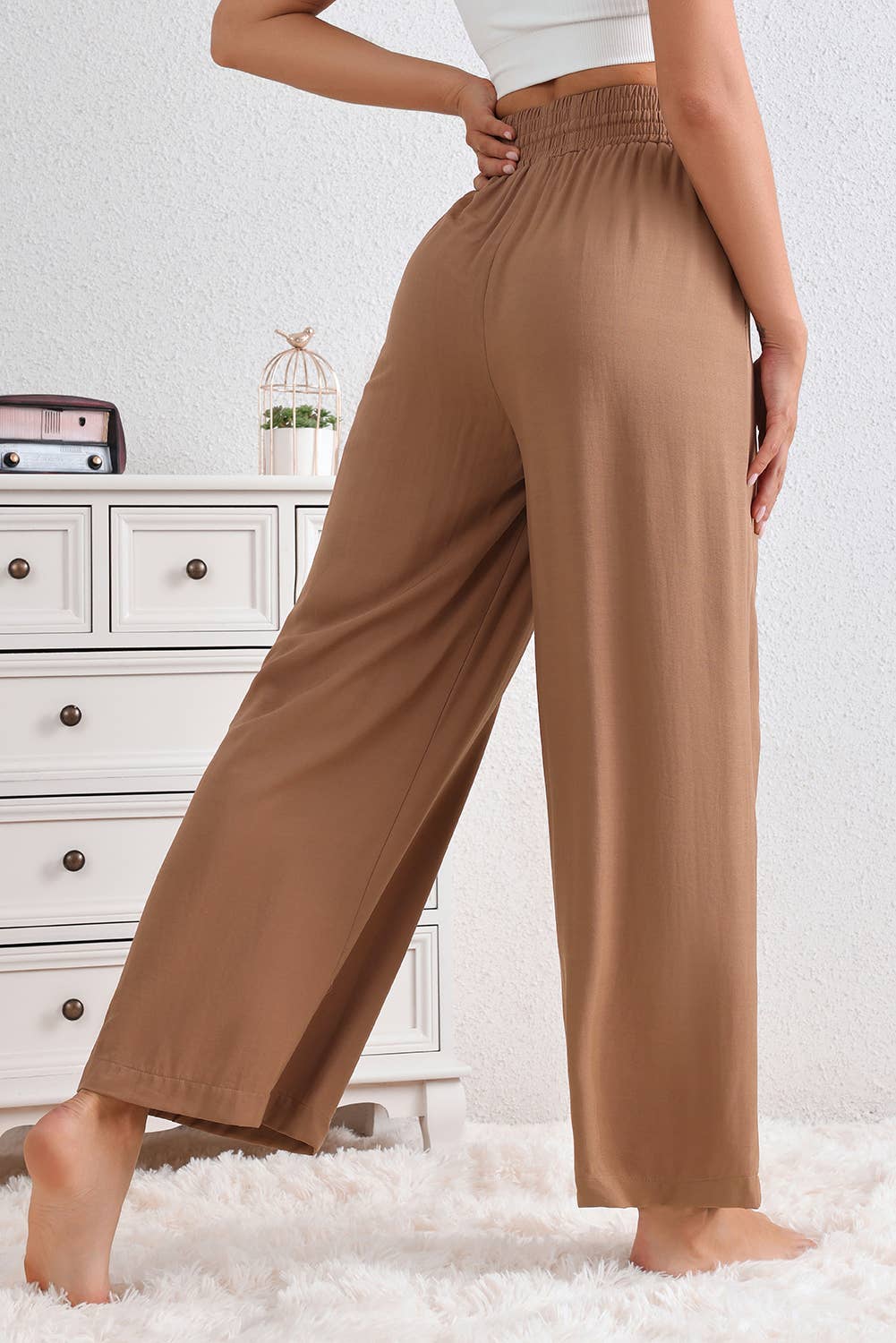 Brown Drawstring Elastic Waist Casual Wide Leg Pants