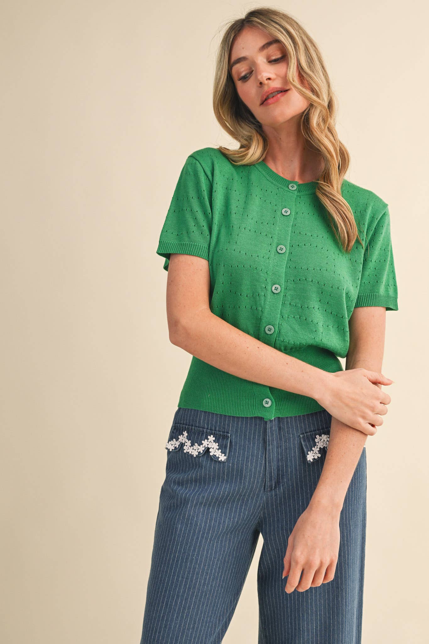 POINTELLE KNIT SHORT SLEEVE SWEATER CARDIGAN MSW11333