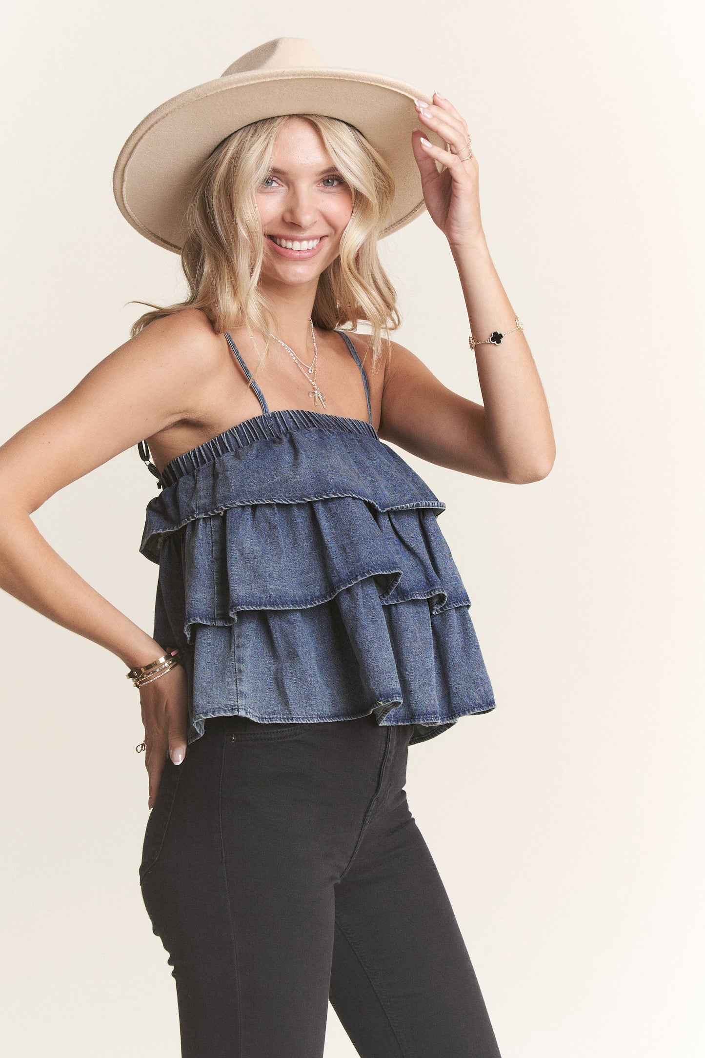 LET3696- WASHED DENIM LAYERED BABYDOLL TANK TOP