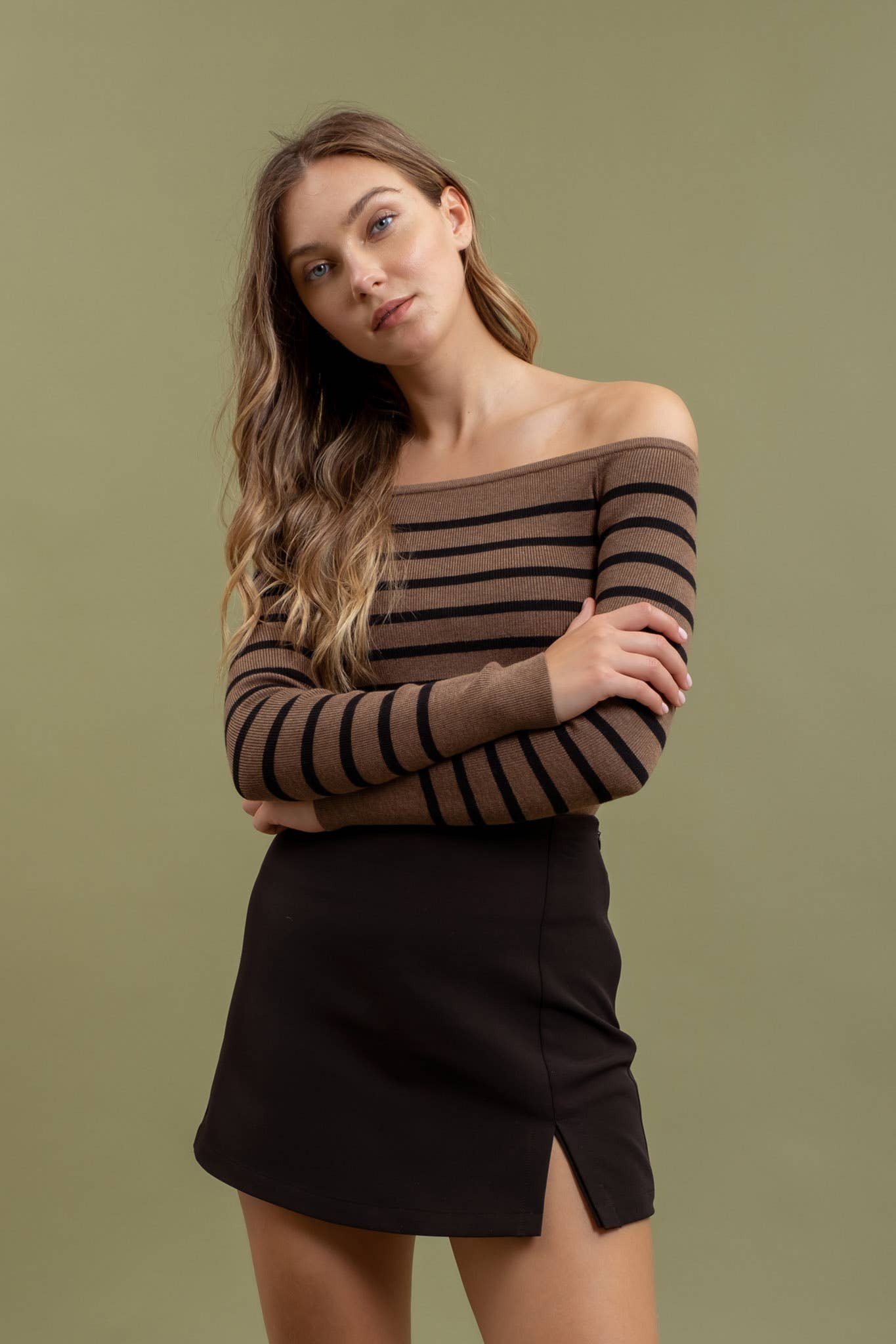 STRIPE OFF THE SHOULDER LONG SLEEVE KNIT SWEATER