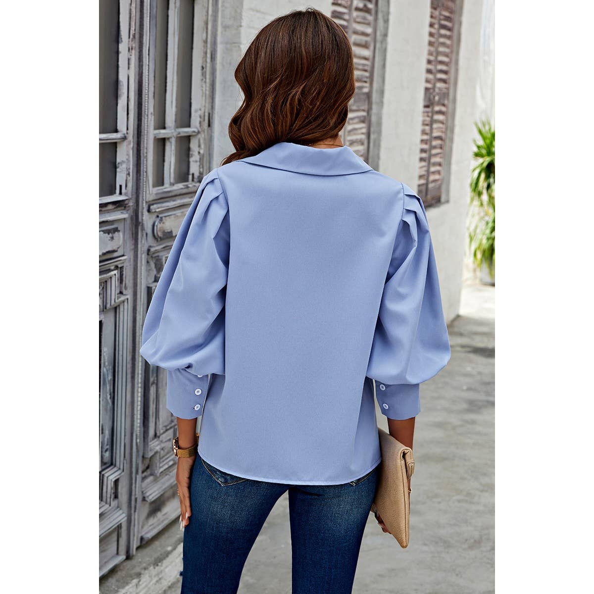 Puff Wide Sleeves Button Up Loose Fit Blouse