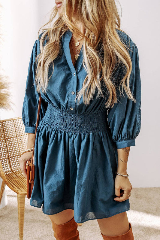 3/4 Sleeve Shirred High Waist Buttoned Mini Dress