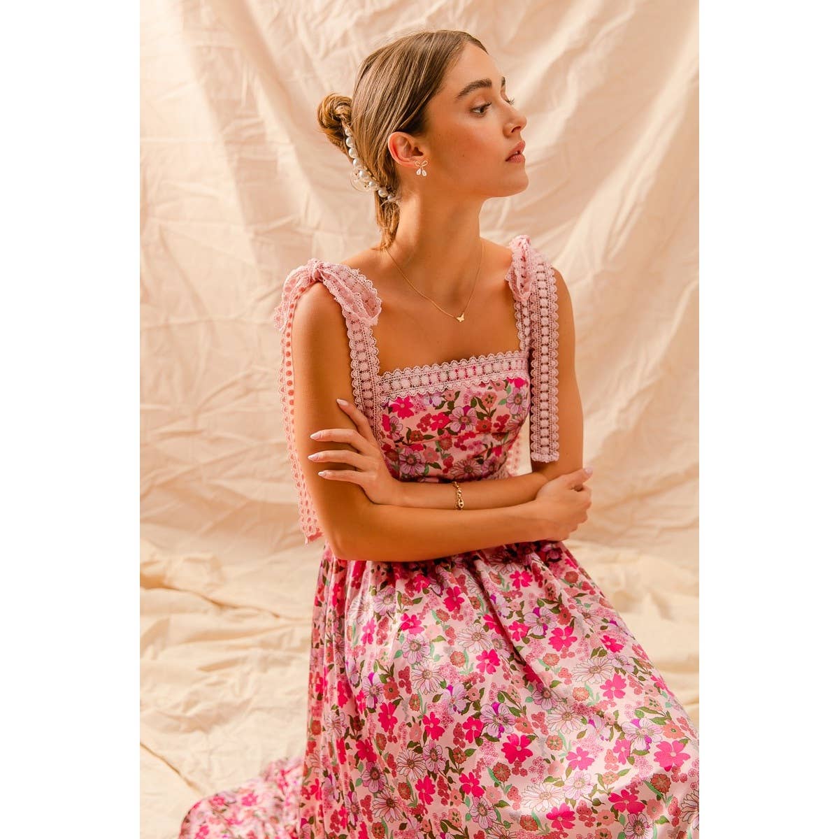 FLORAL MAXI DRESS WITH RIBBON TIE LACE STRAP