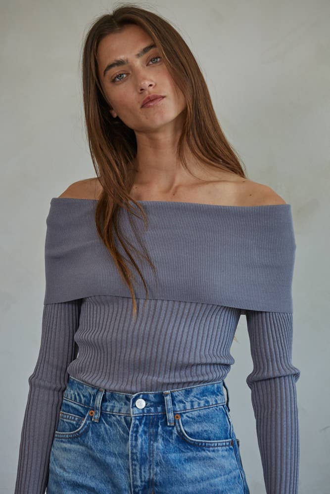 W1695 | Knit Sweater Ribbed Foldover Off The Shoulder Top