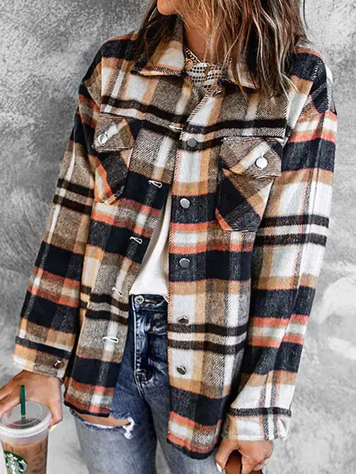 Blue Casual Geometric Plaid Print Pocketed Shacket