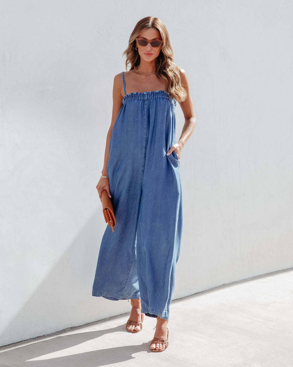 Women Spaghetti Strap sleeveless Pockets Denim jean Jumpsuit