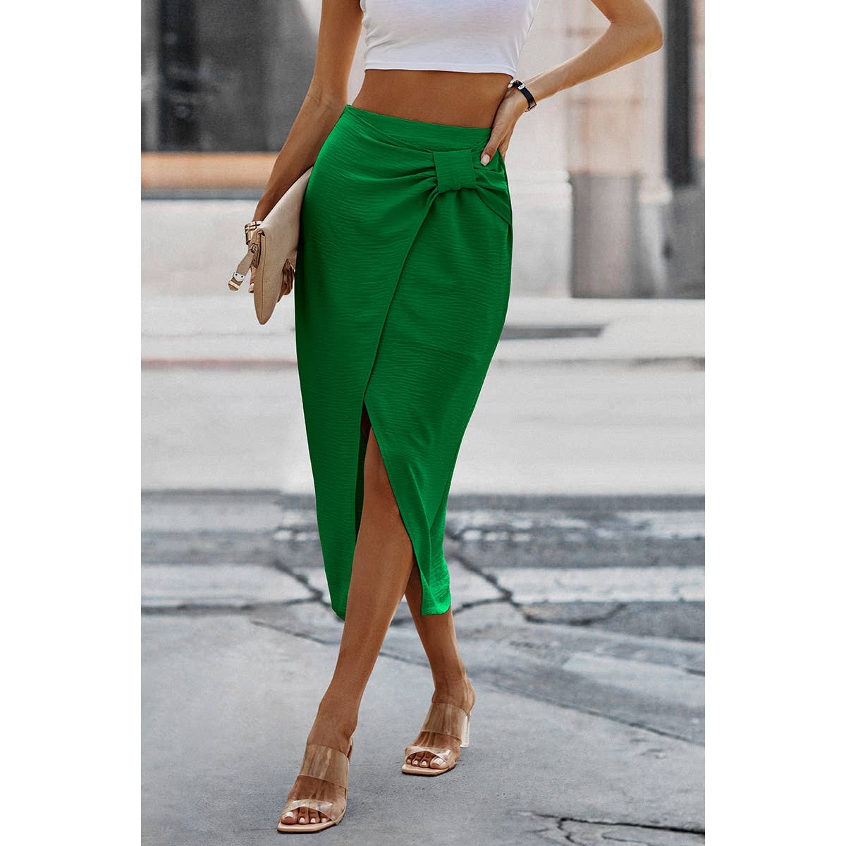 Solid Wrap Cross Self Belt Skirt