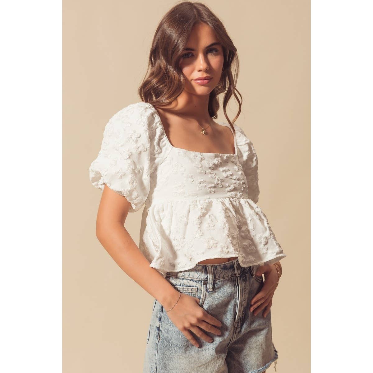 FLOWER JACQUARD BABYDOLL CROP TOP WITH TIE BACK