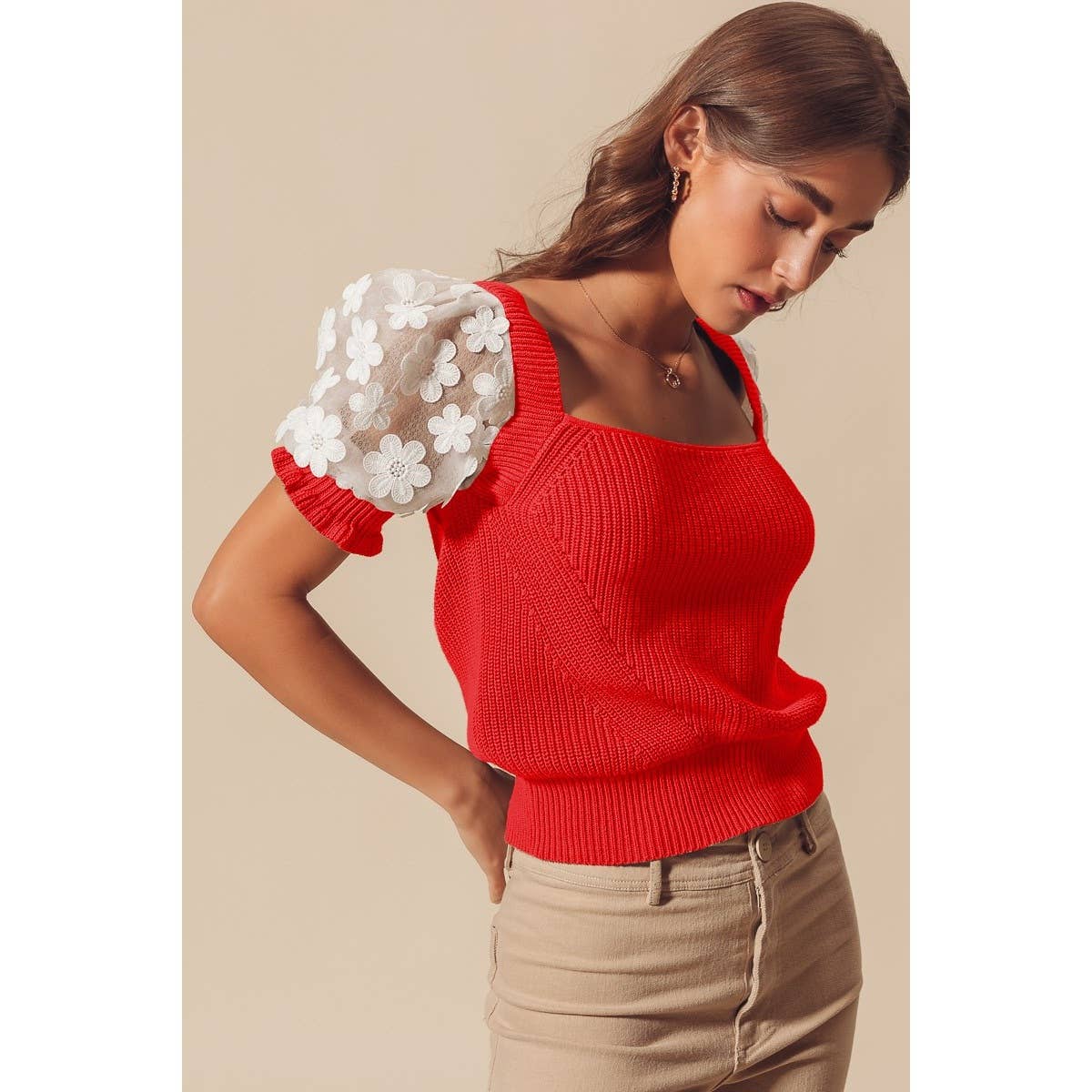 FLORAL LACE PUFF SLEEVE SQUARE NECK KNIT SWEATER