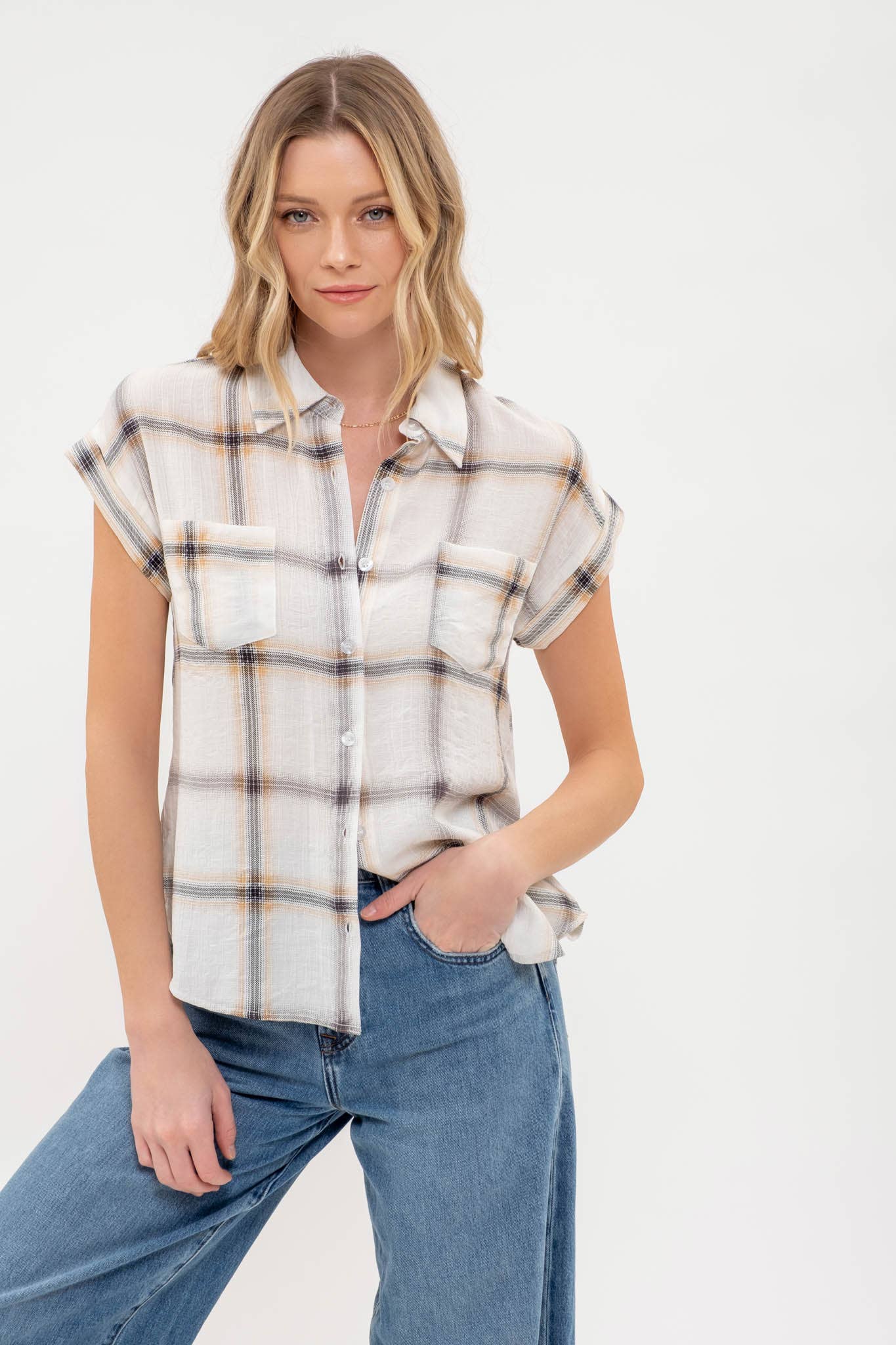 PLAID BUTTON DOWN COLLARED SHORT FOLD SLEEVE SHIRT