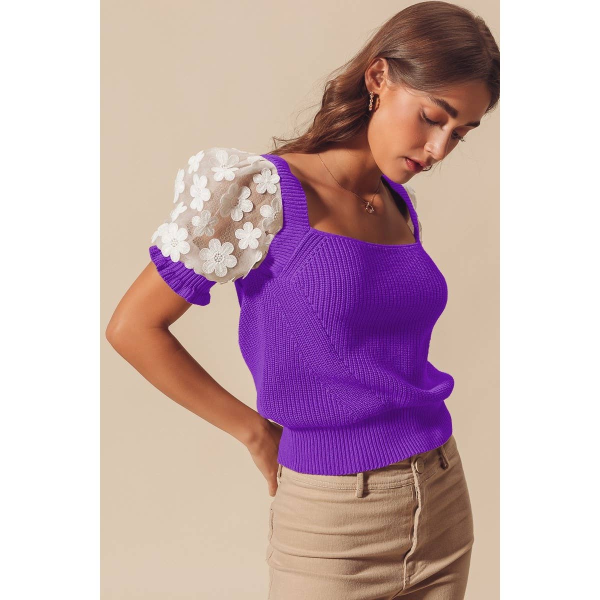 FLORAL LACE PUFF SLEEVE SQUARE NECK KNIT SWEATER