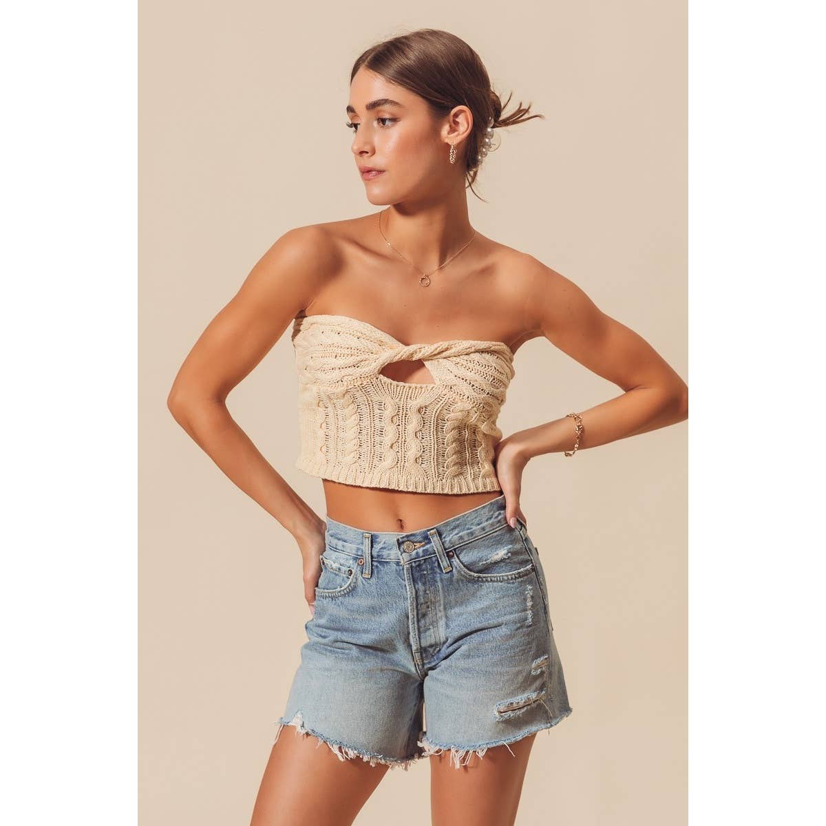 TWISTED FRONT CABLE KNIT CROCHET SUMMER TUBE TOP