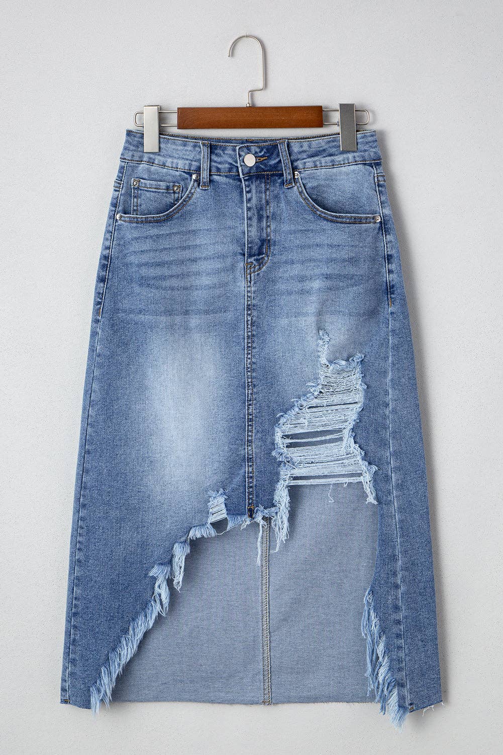 Denim Distressed Midi Skirt