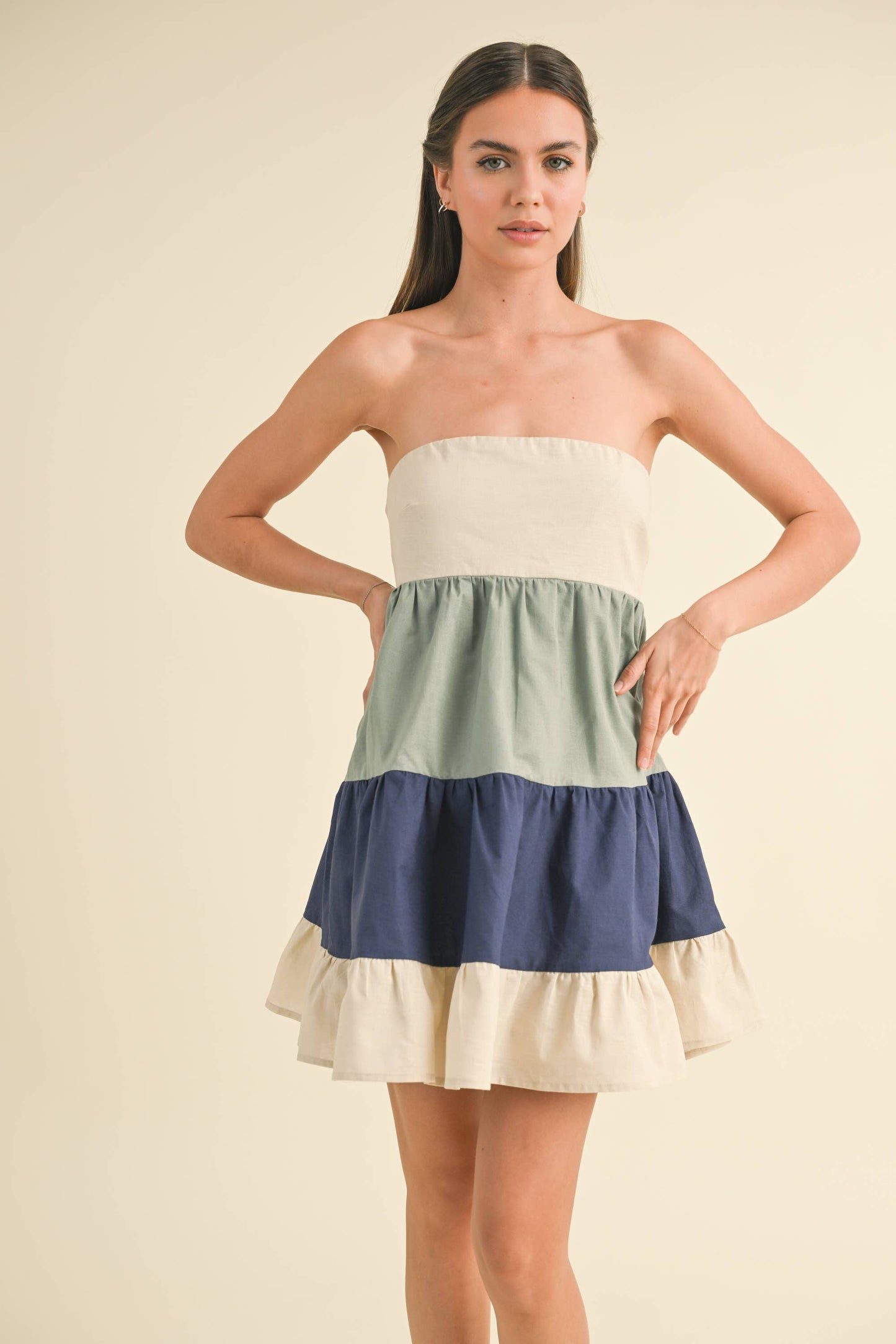 ID8180 POPLIN COLORBLOCK TUBE MINI DRESS WITH SMOCKING