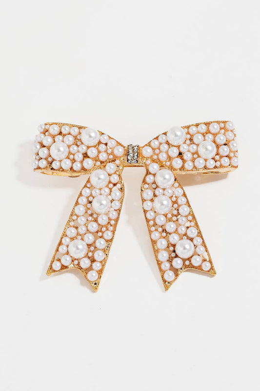 Mixed Pearl Pave Ribbon Bow Hair Clip