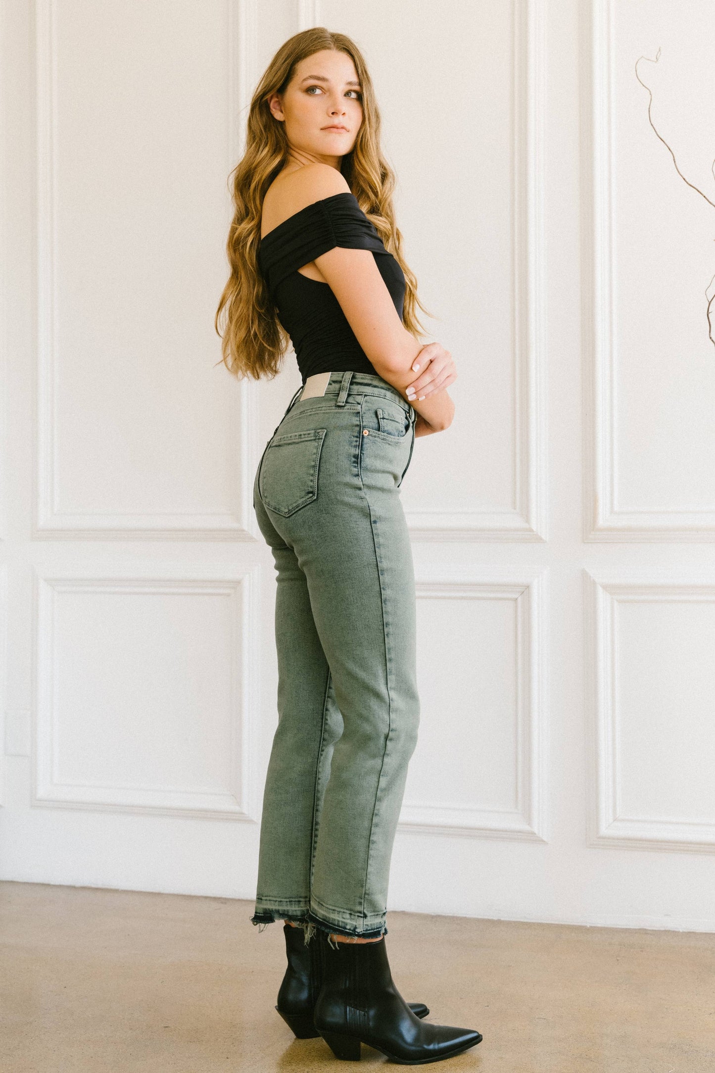 OLIVE TUMMY CONTROL HIGH RISE SLIM STRAIGHT JEANS