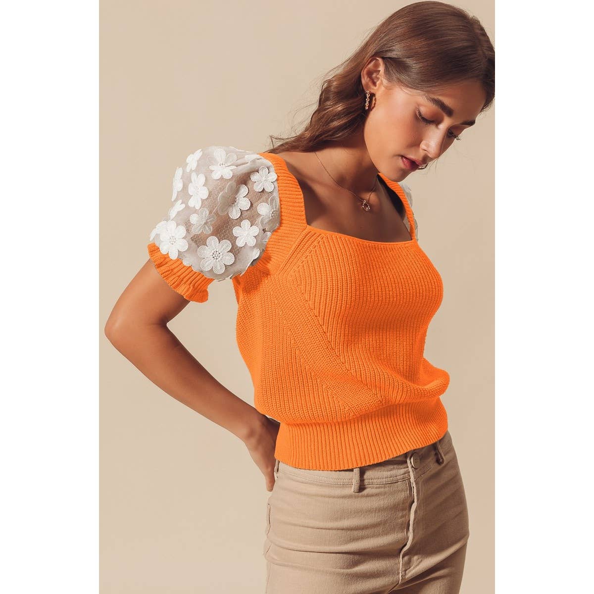 FLORAL LACE PUFF SLEEVE SQUARE NECK KNIT SWEATER