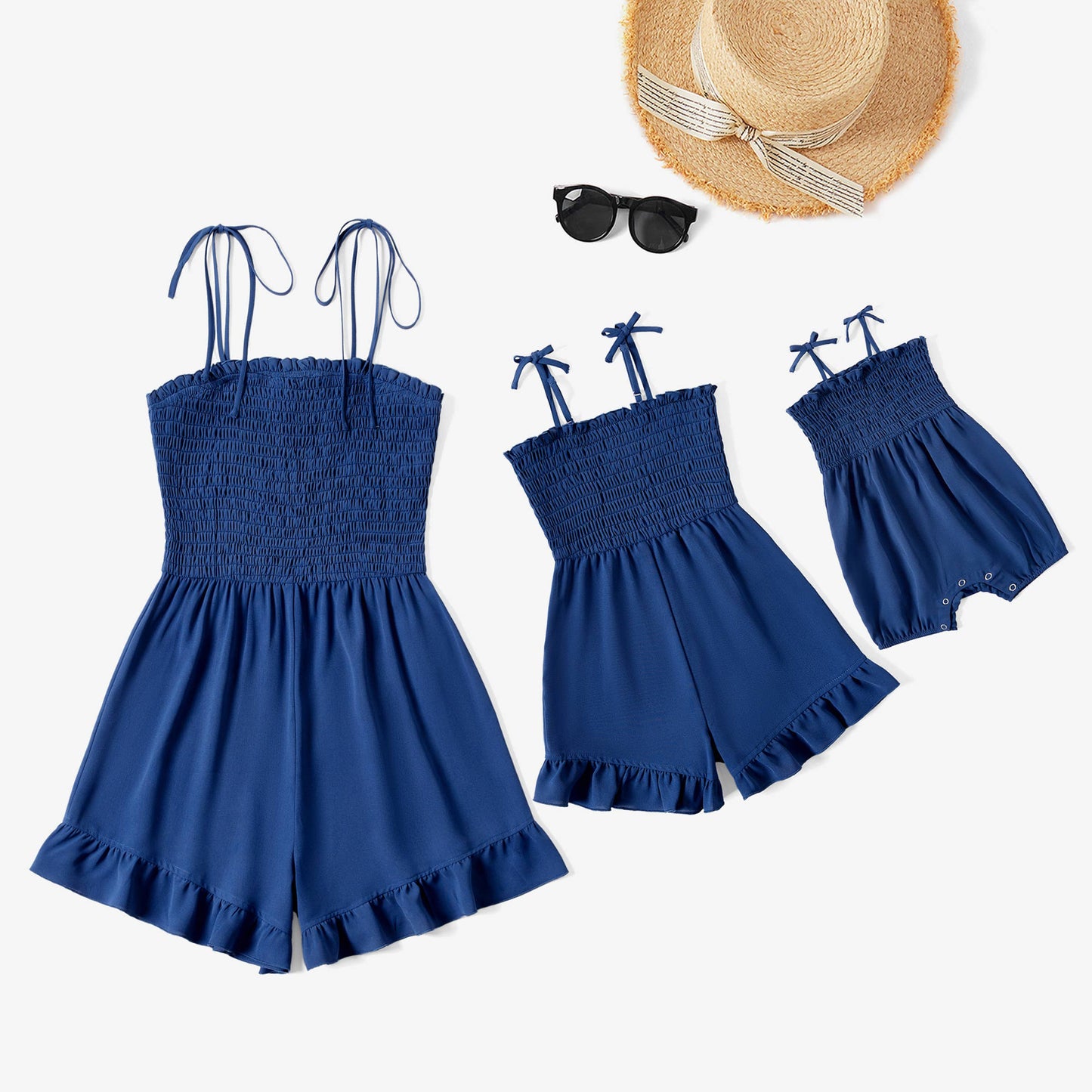 Mommy and Me Navy Blue Shirred Top Ruffle Hem Strap Romper