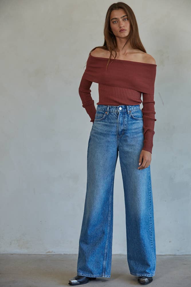 W1695 | Knit Sweater Ribbed Foldover Off The Shoulder Top