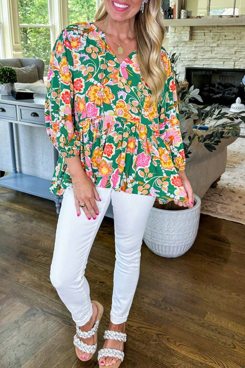 Floral Tied V-Neck 3/4 Sleeve Blouse