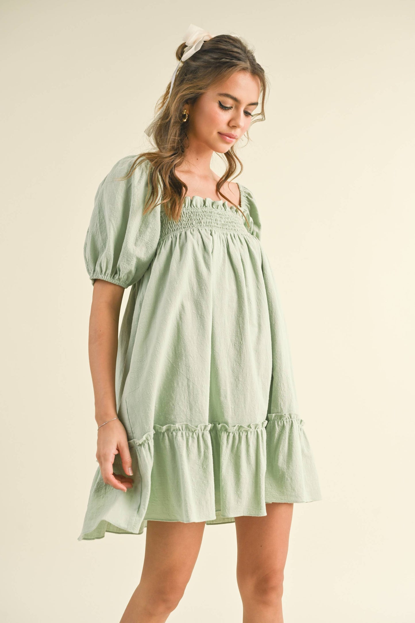 ID7048 PUFF SLEEVE SMOCKING BABY DOLL DRESS