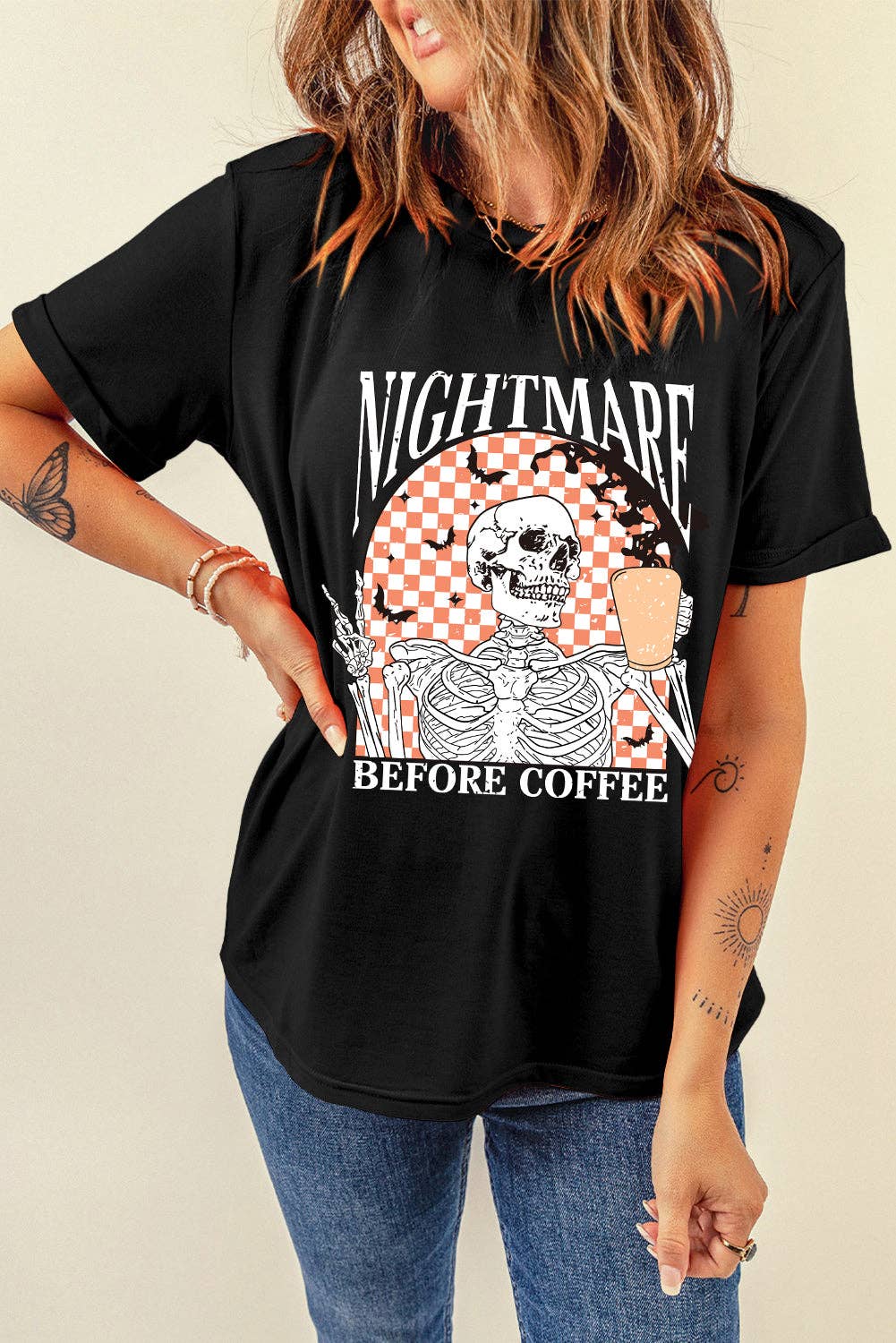 Black Coffee Skull Checkerboard Graphic Halloween Tee