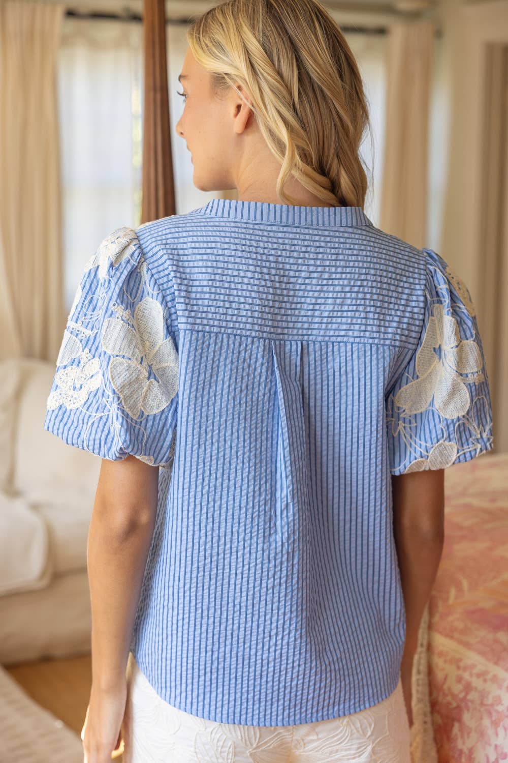 Floral Embroidered Cover Button Down Stripe Top