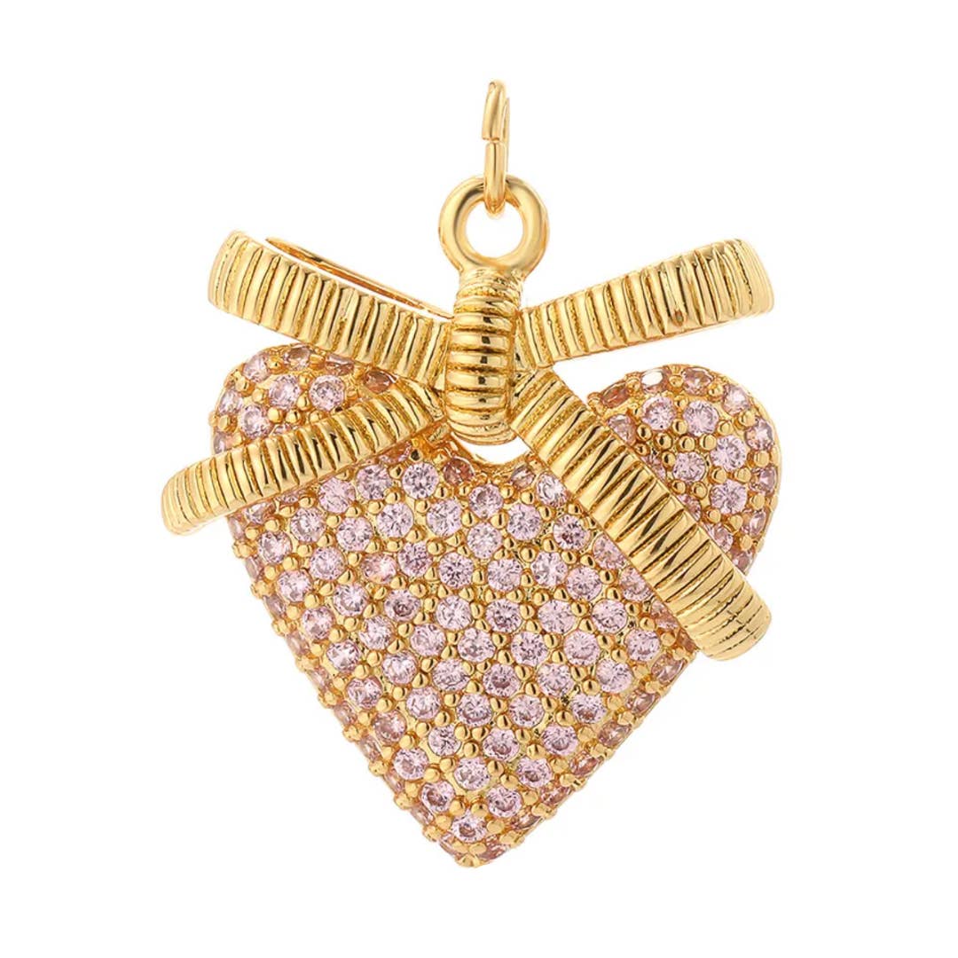 Pink Heart CZ Gold Bow Charm For Charm Necklace & Bracelet