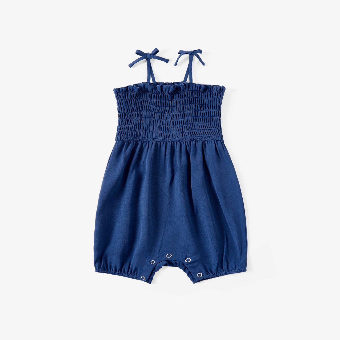 Mommy and Me Navy Blue Shirred Top Ruffle Hem Strap Romper