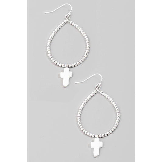 Seashell Cross Charm Beaded Tear Dangle Earrings