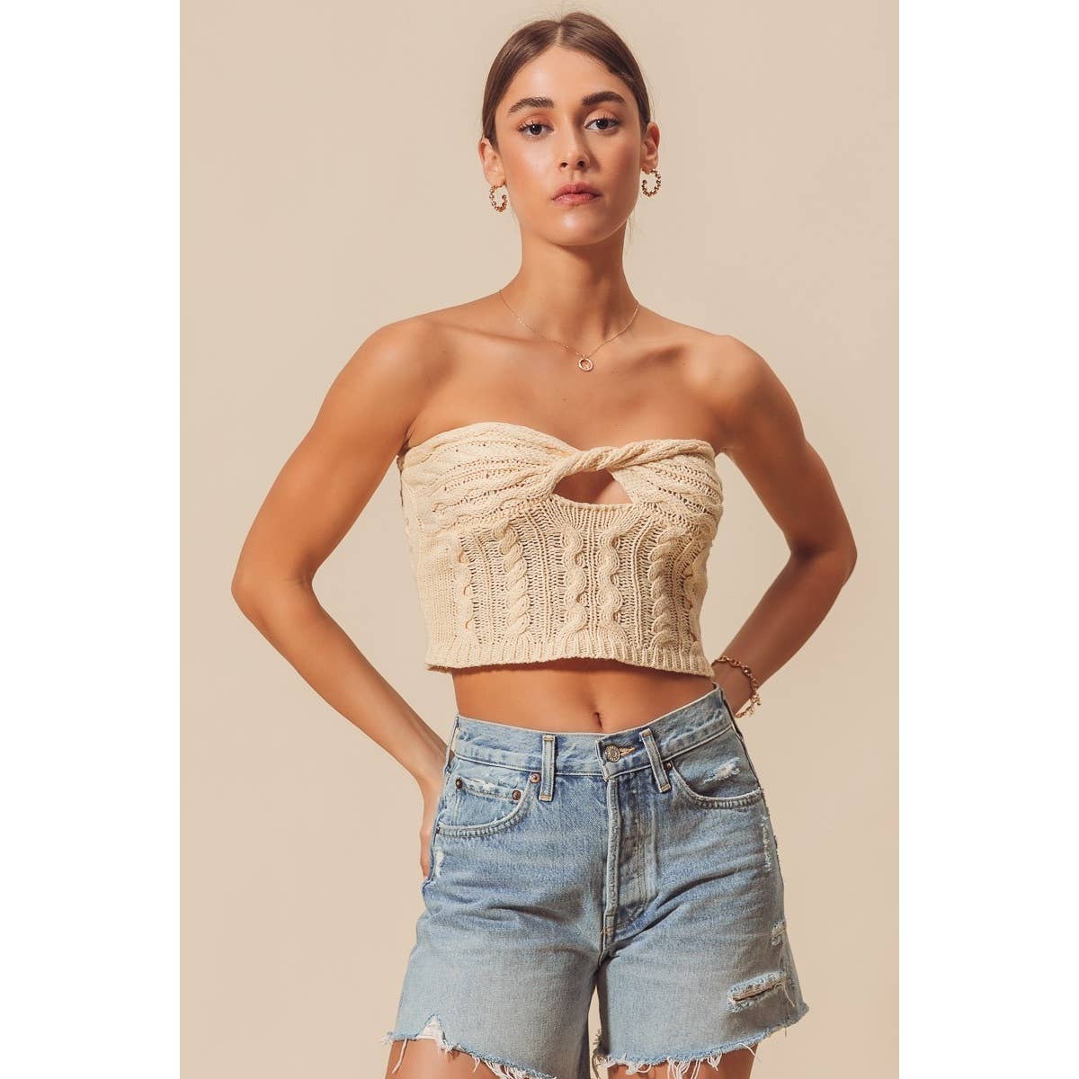 TWISTED FRONT CABLE KNIT CROCHET SUMMER TUBE TOP