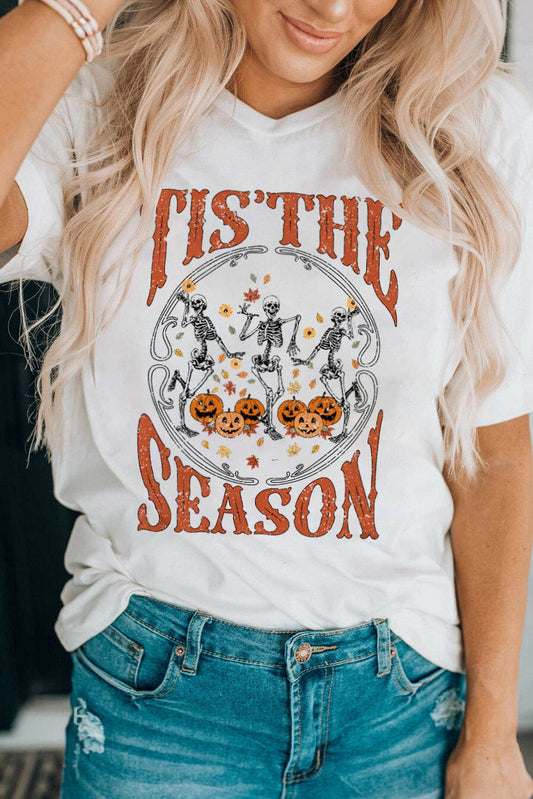 White Halloween Season Dancing Skeleton Graphic Tee