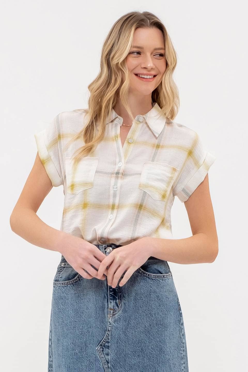 PLAID BUTTON DOWN COLLARED SHORT FOLD SLEEVE SHIRT