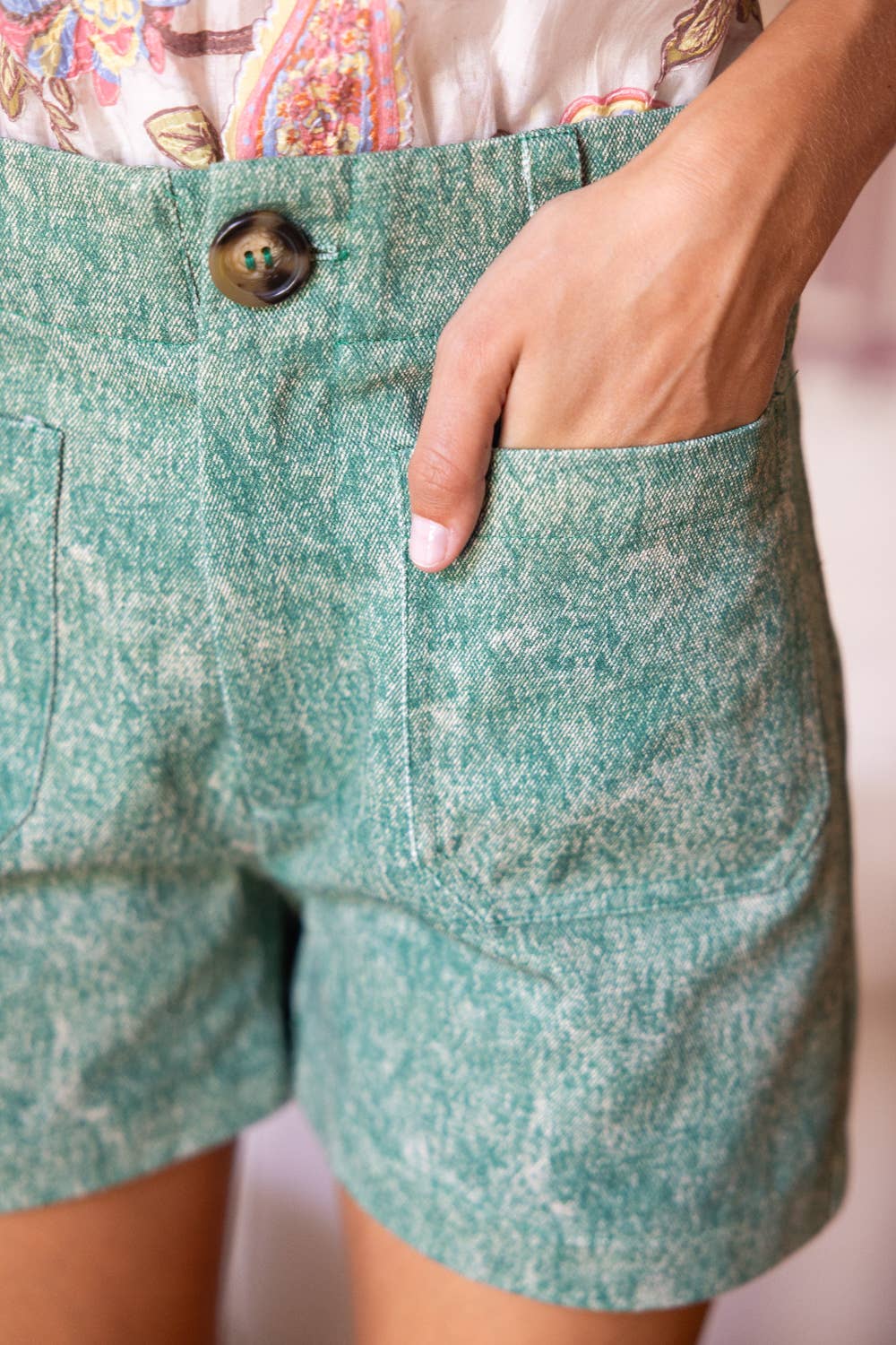 Floral Embroidery Mineral Washed Shorts