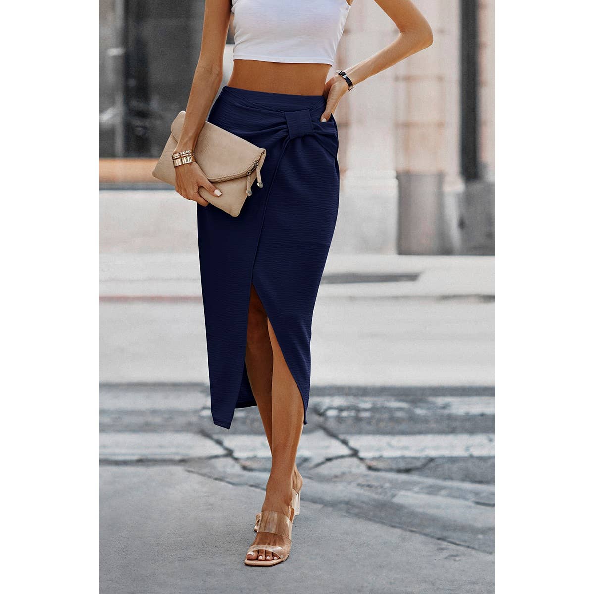 Solid Wrap Cross Self Belt Skirt