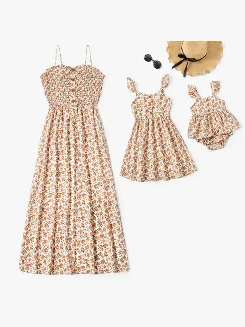 Mommy and Me Beige Floral Shirred Top Button Front Dress