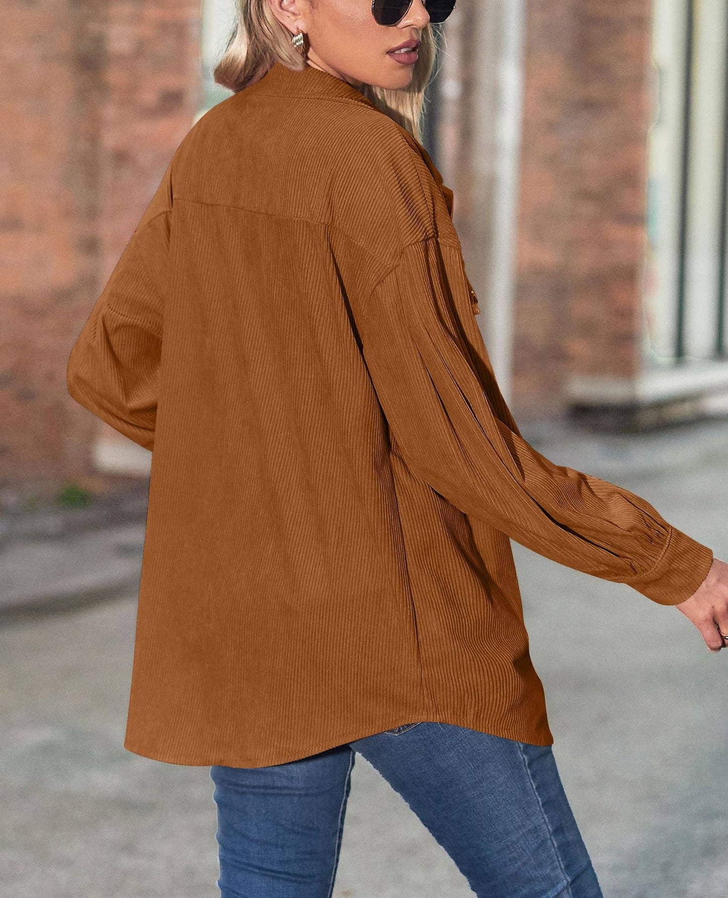 Women's Casual Loose Lantern Sleeve Corduroy Shirt