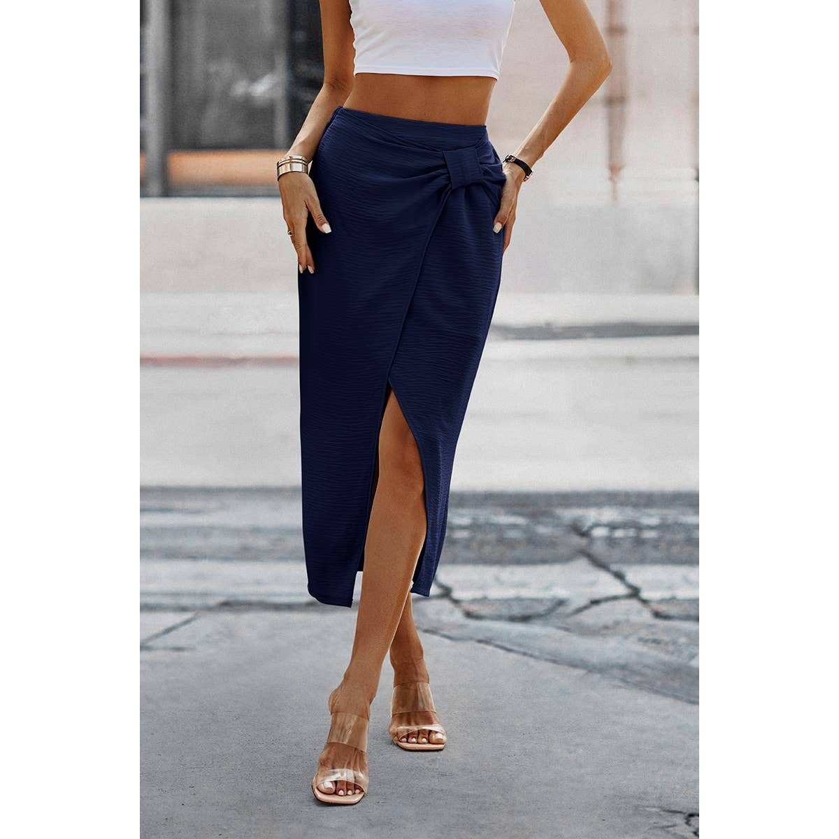 Solid Wrap Cross Self Belt Skirt