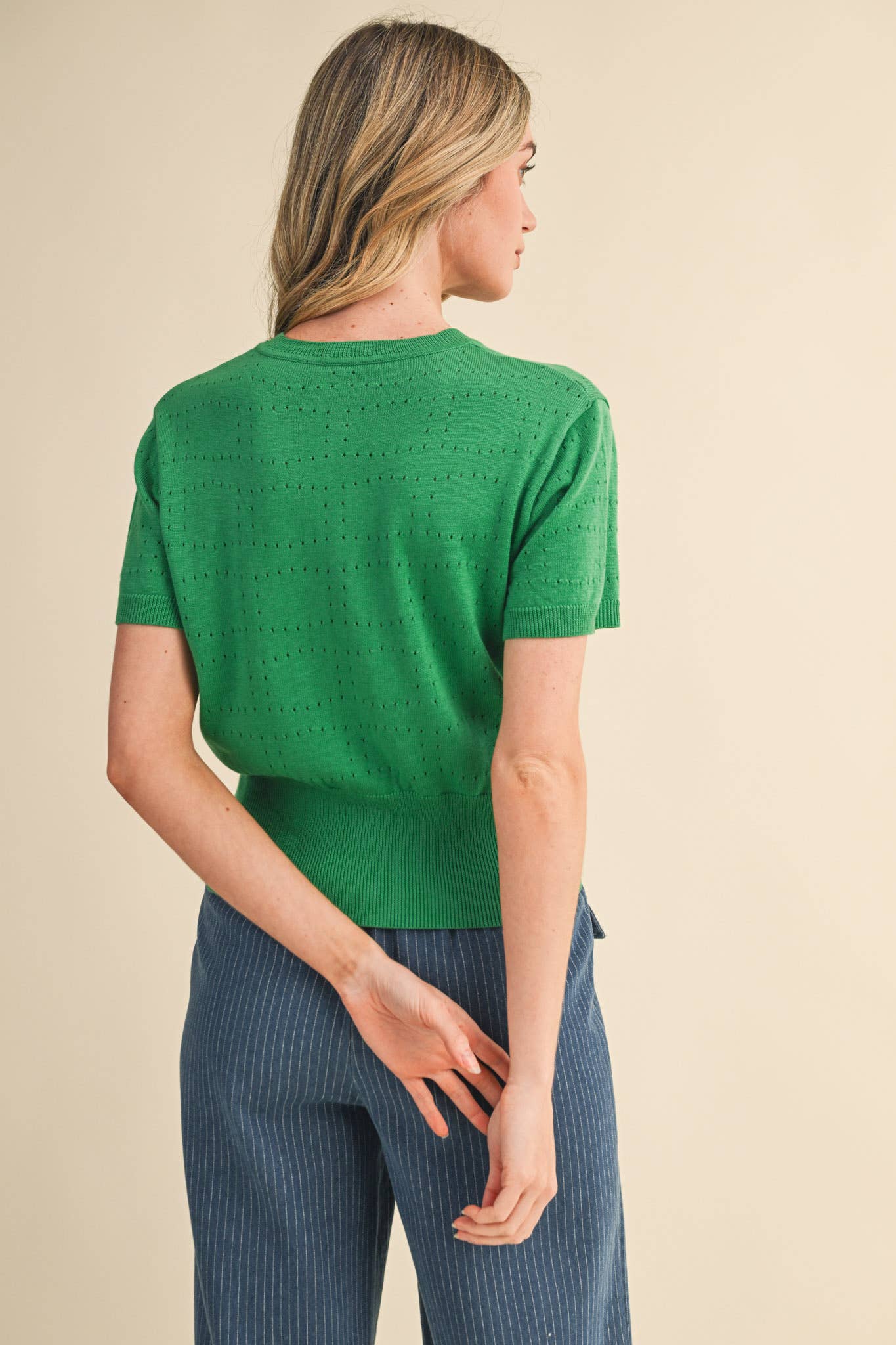 POINTELLE KNIT SHORT SLEEVE SWEATER CARDIGAN MSW11333