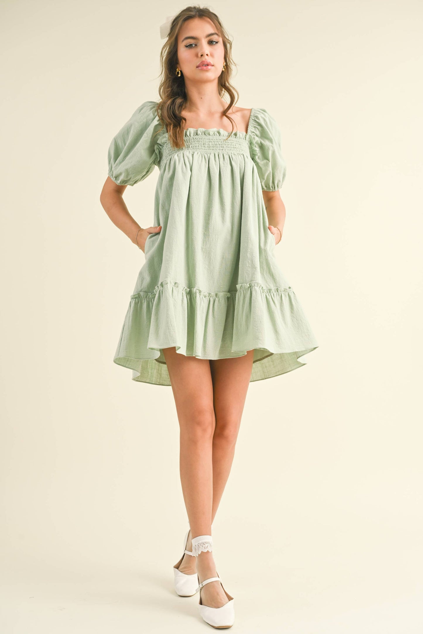 ID7048 PUFF SLEEVE SMOCKING BABY DOLL DRESS