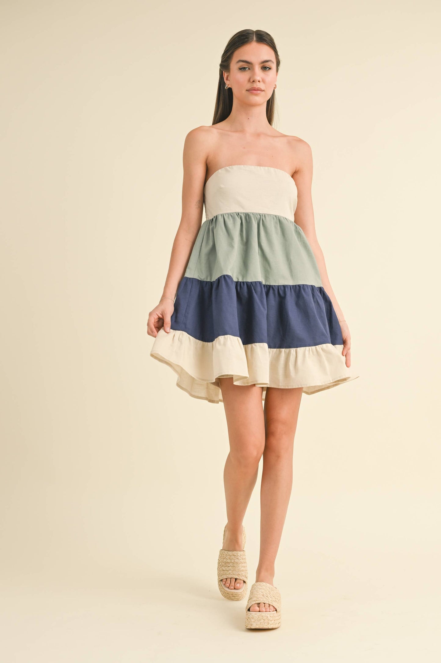 ID8180 POPLIN COLORBLOCK TUBE MINI DRESS WITH SMOCKING