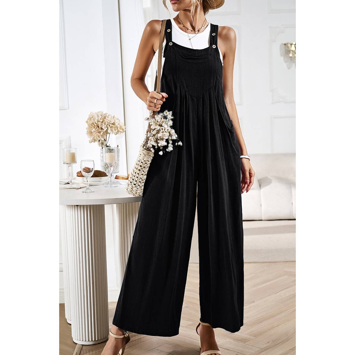 Solid Wide Leg Pocketed Shoulder Tie Overalls