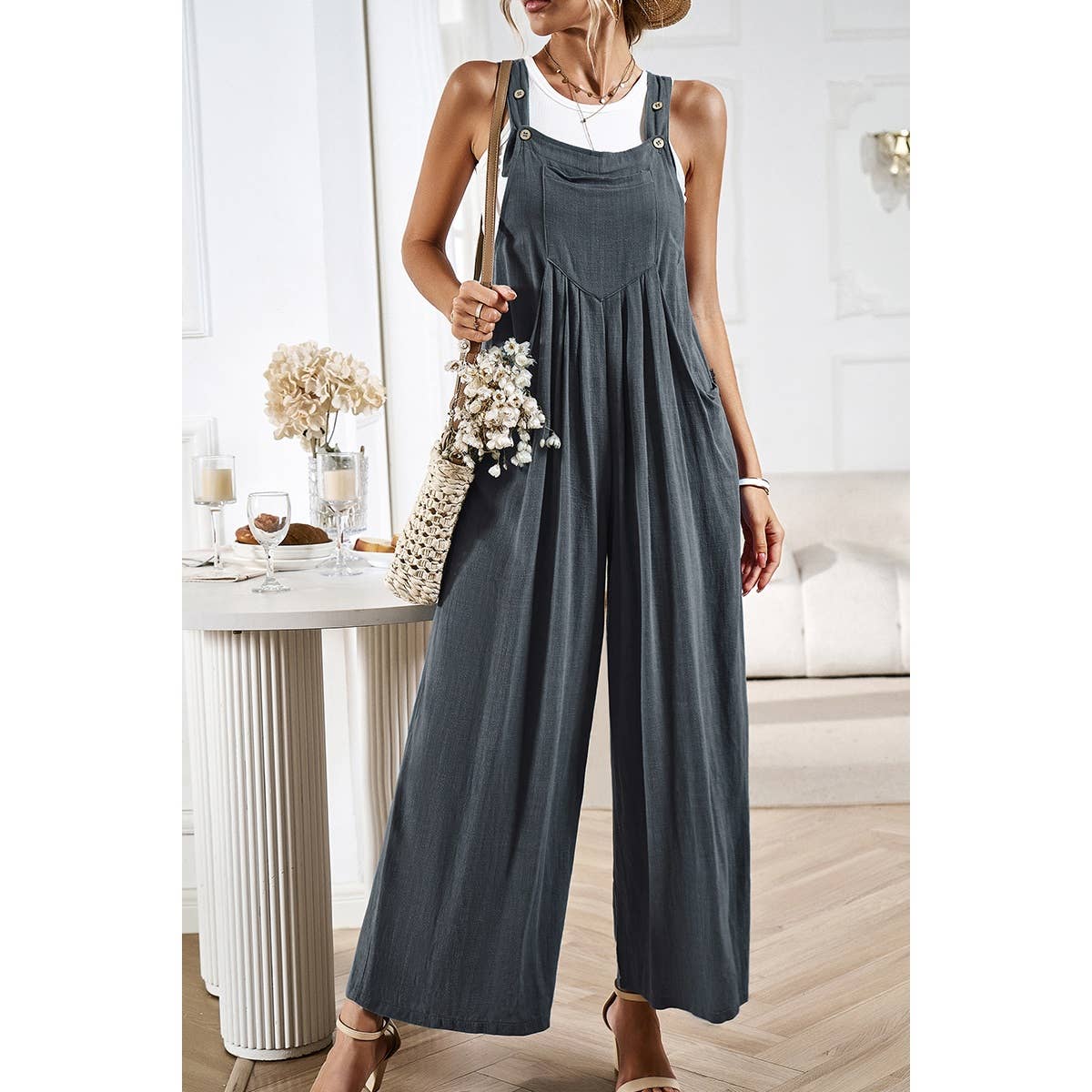 Solid Wide Leg Pocketed Shoulder Tie Overalls