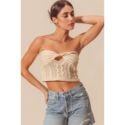 TWISTED FRONT CABLE KNIT CROCHET SUMMER TUBE TOP