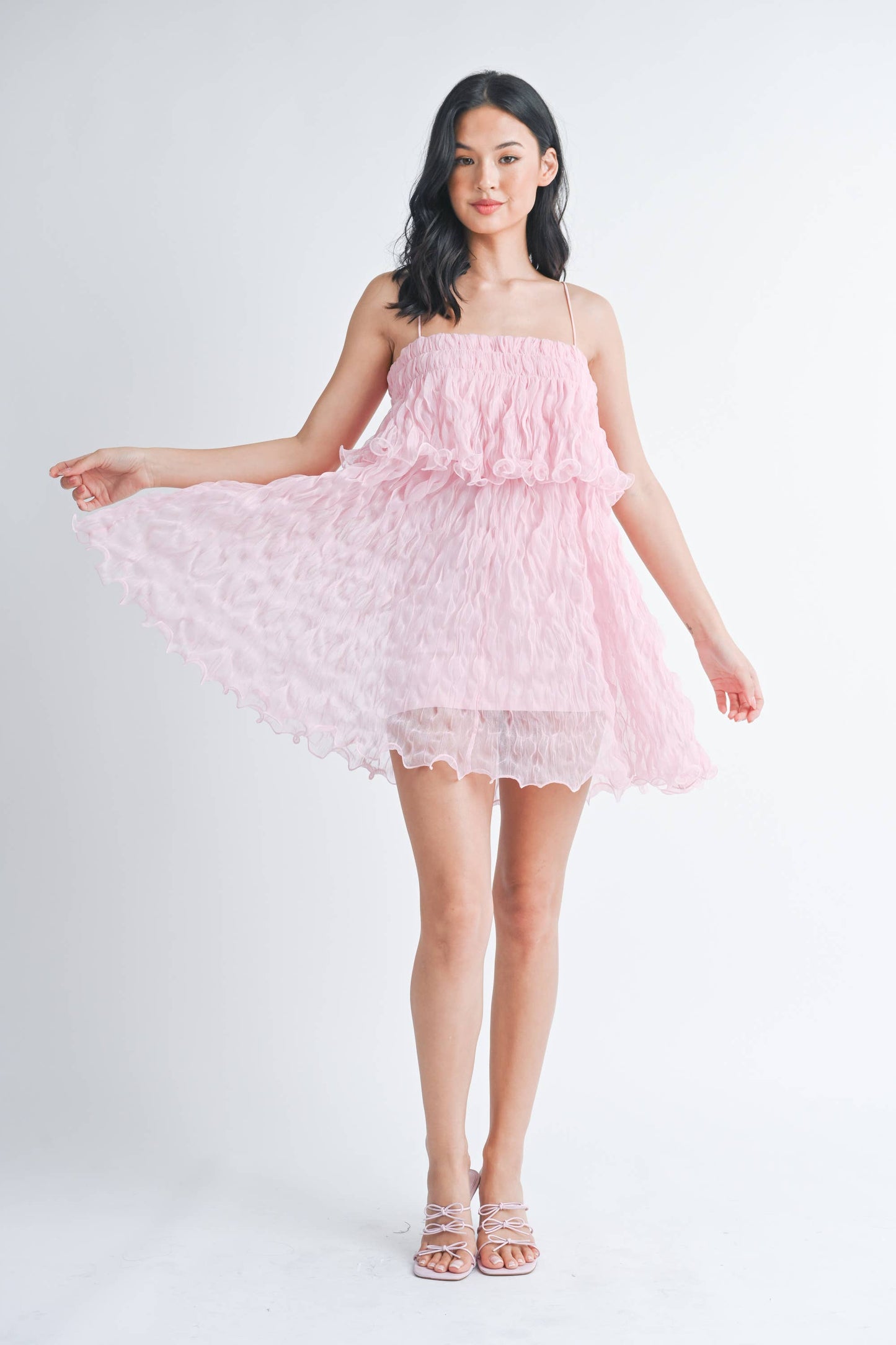 ID7877 PLEATED TULLE RUFFLED TIERED MINI DRESS