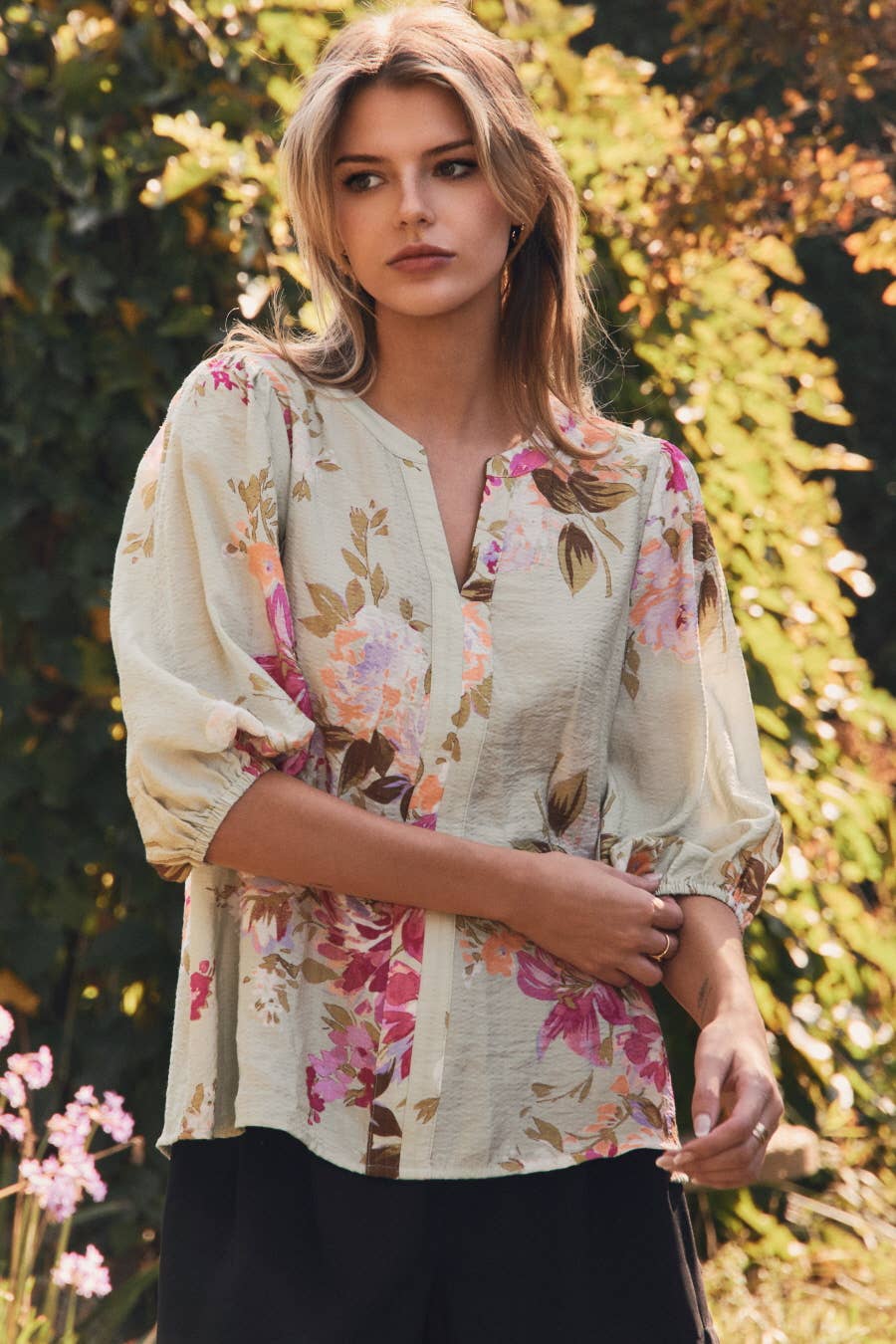 Sheer Floral Printed Blouse: Mint Sage Multi