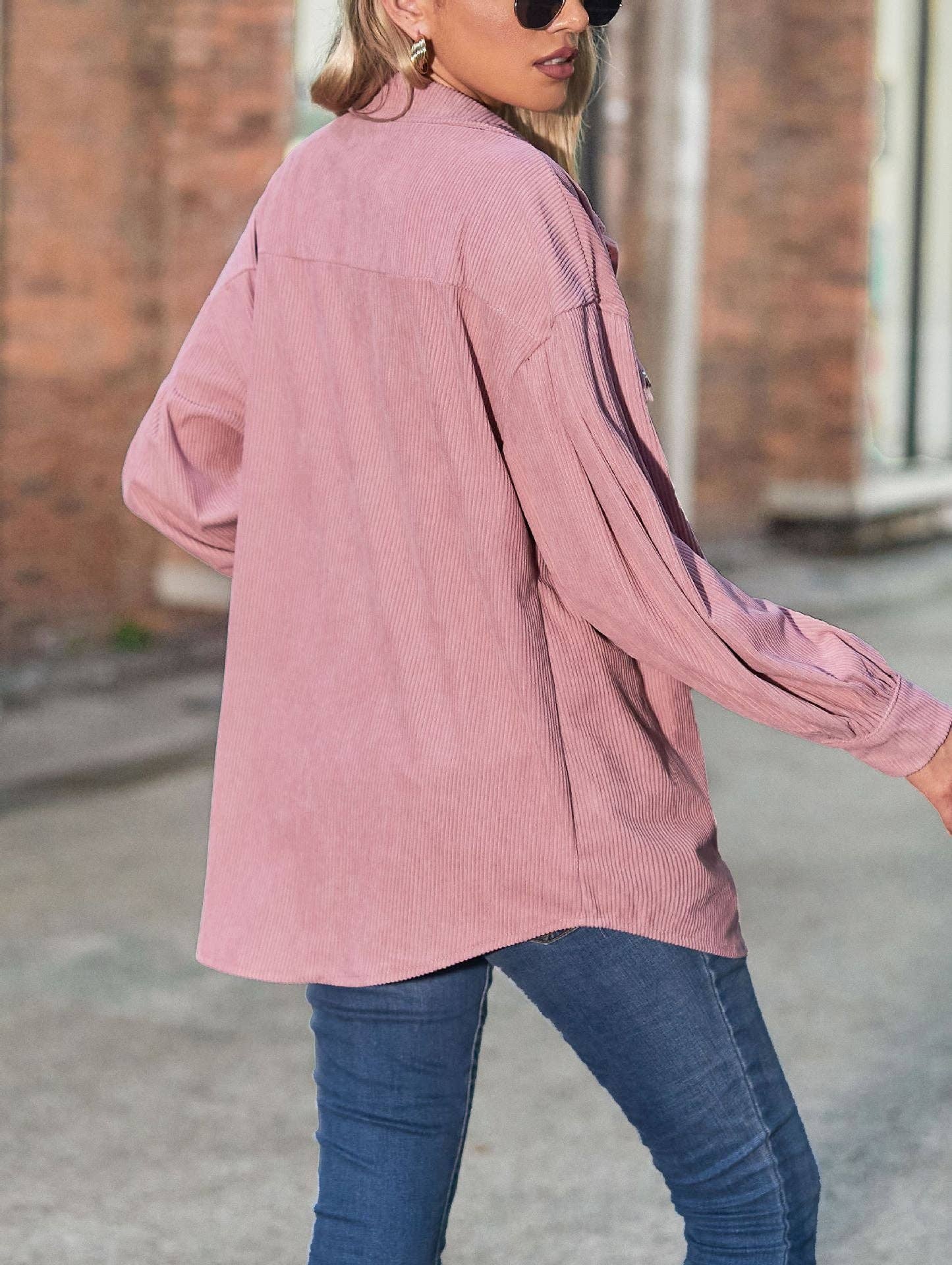 Women's Casual Loose Lantern Sleeve Corduroy Shirt