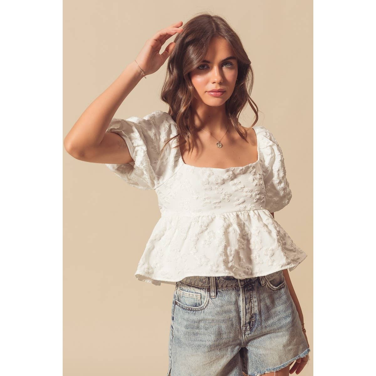 FLOWER JACQUARD BABYDOLL CROP TOP WITH TIE BACK